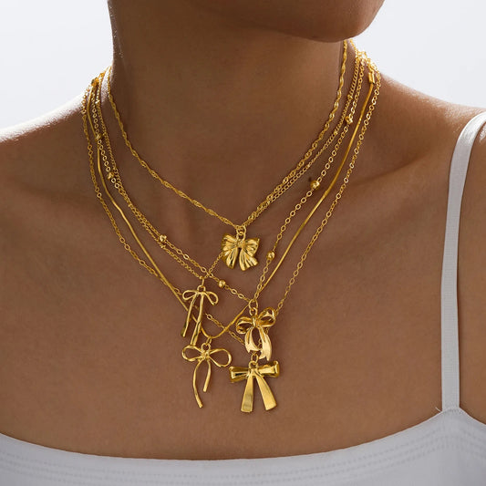 5 PCS Layered Bow Charm Necklace Set