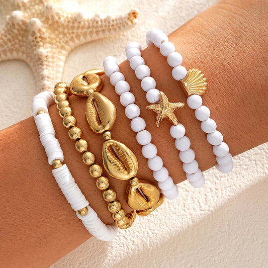 6 PCS Boho Starfish & Shell Beaded Bracelet Set
