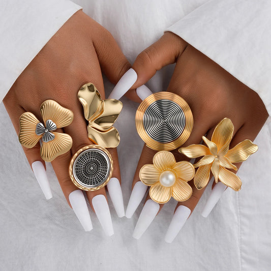 6 PCS Oversized Floral & Abstract Ring Set