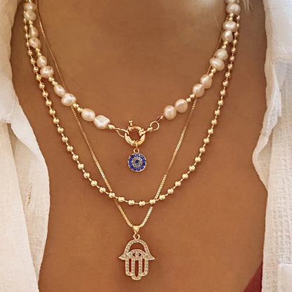 3 PCS Layered Hamsa & Pearl Necklace Set