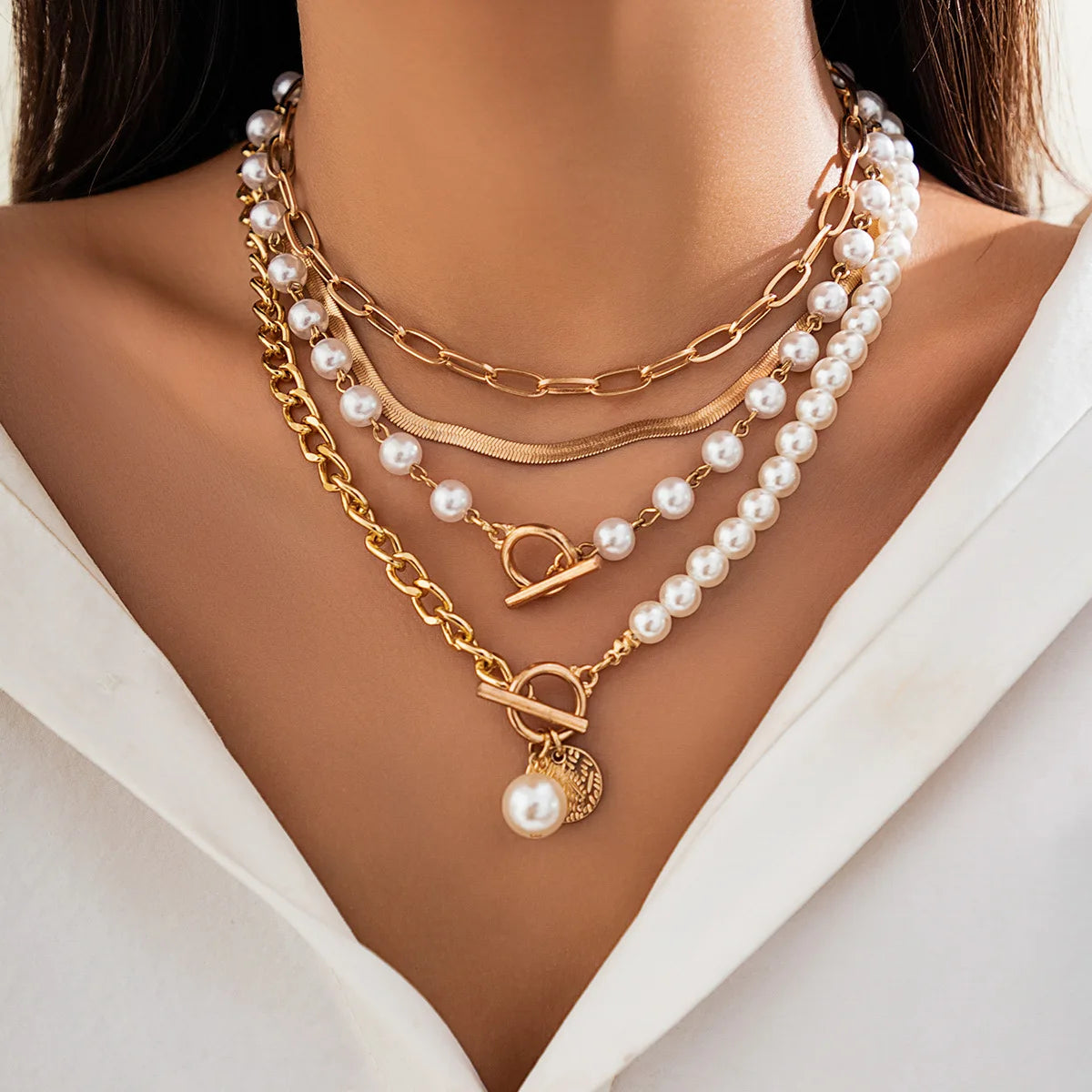 4 PCS Layered Pearl Choker Necklace Set