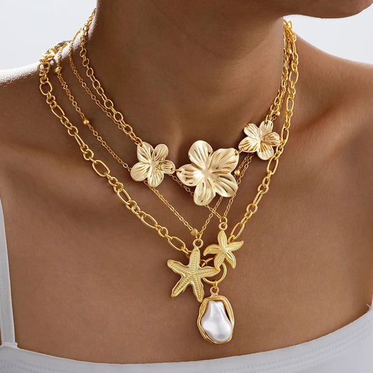 4 PCS Starfish Flower Necklace Set