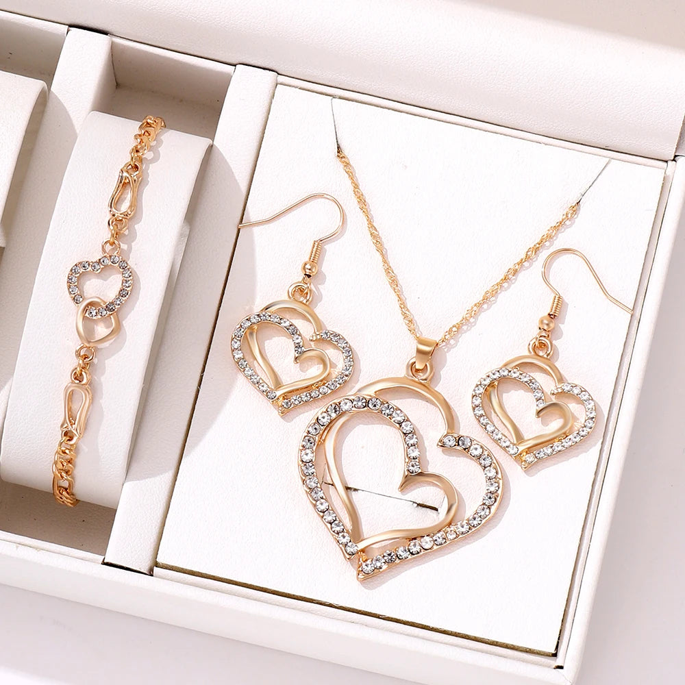 3 PCS Double Heart Crystal Jewelry Set