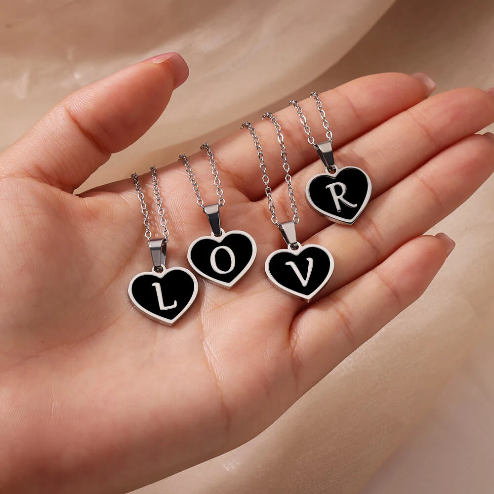 Initial Letter Black Heart Necklace