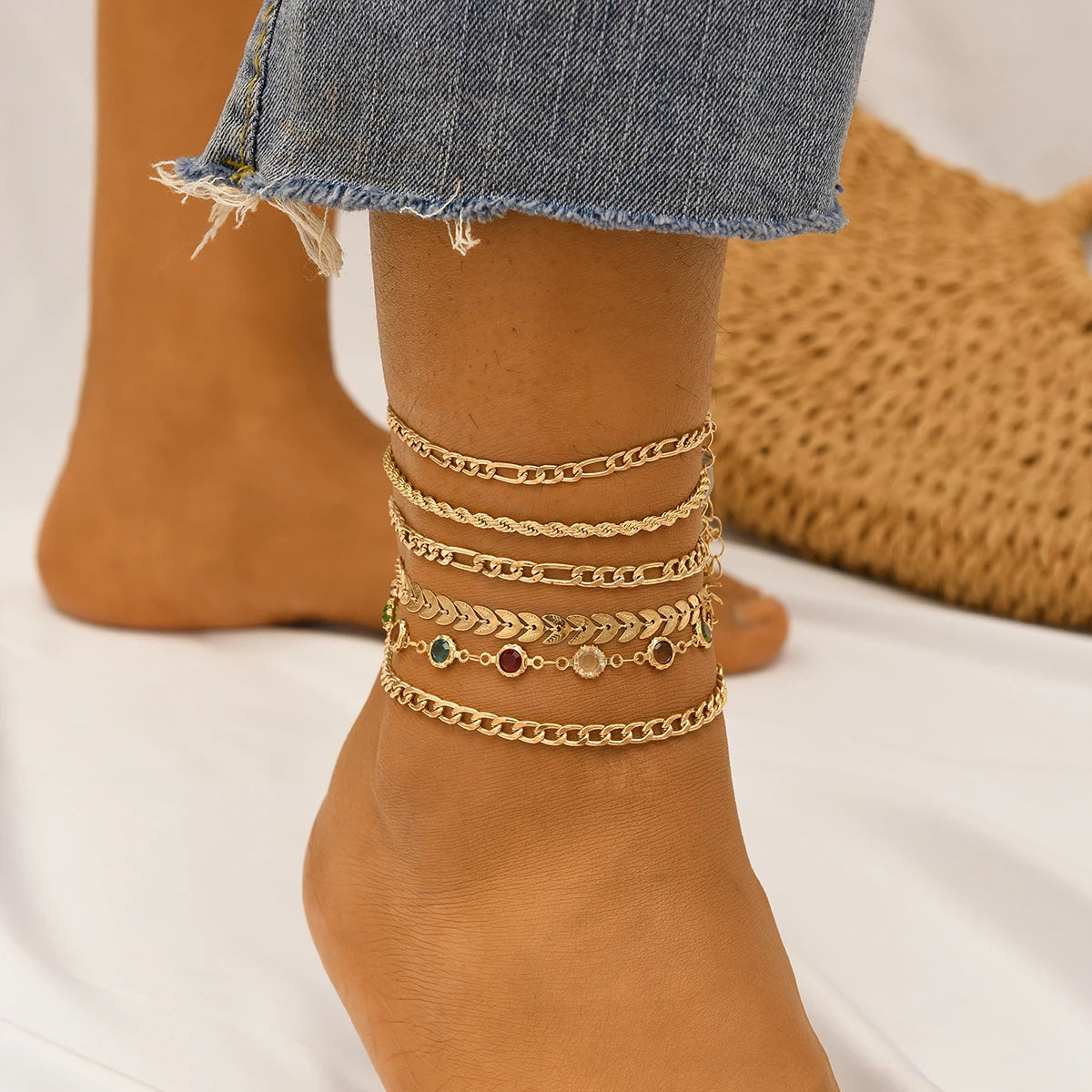 6 PCS Layered Chain Anklet Set