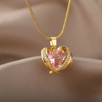 Pink Crystal Heart Wings Ring