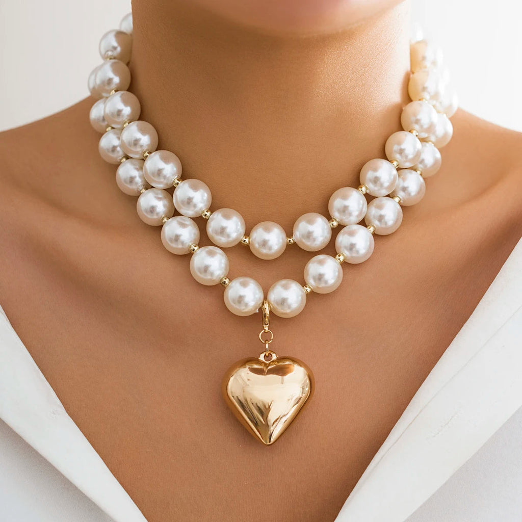 2 PCS Chunky Beaded Heart Necklace Set