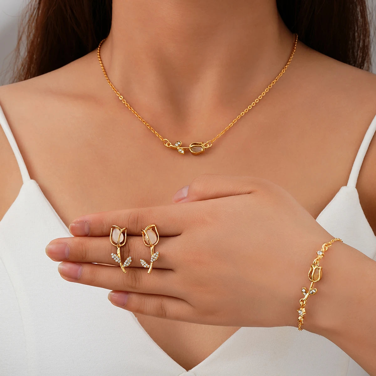 3 PCS Gold Tulip Flower Jewelry Set