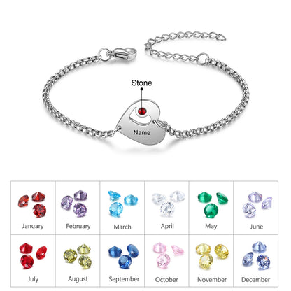 Custom Birthstone Heart Name Bracelet