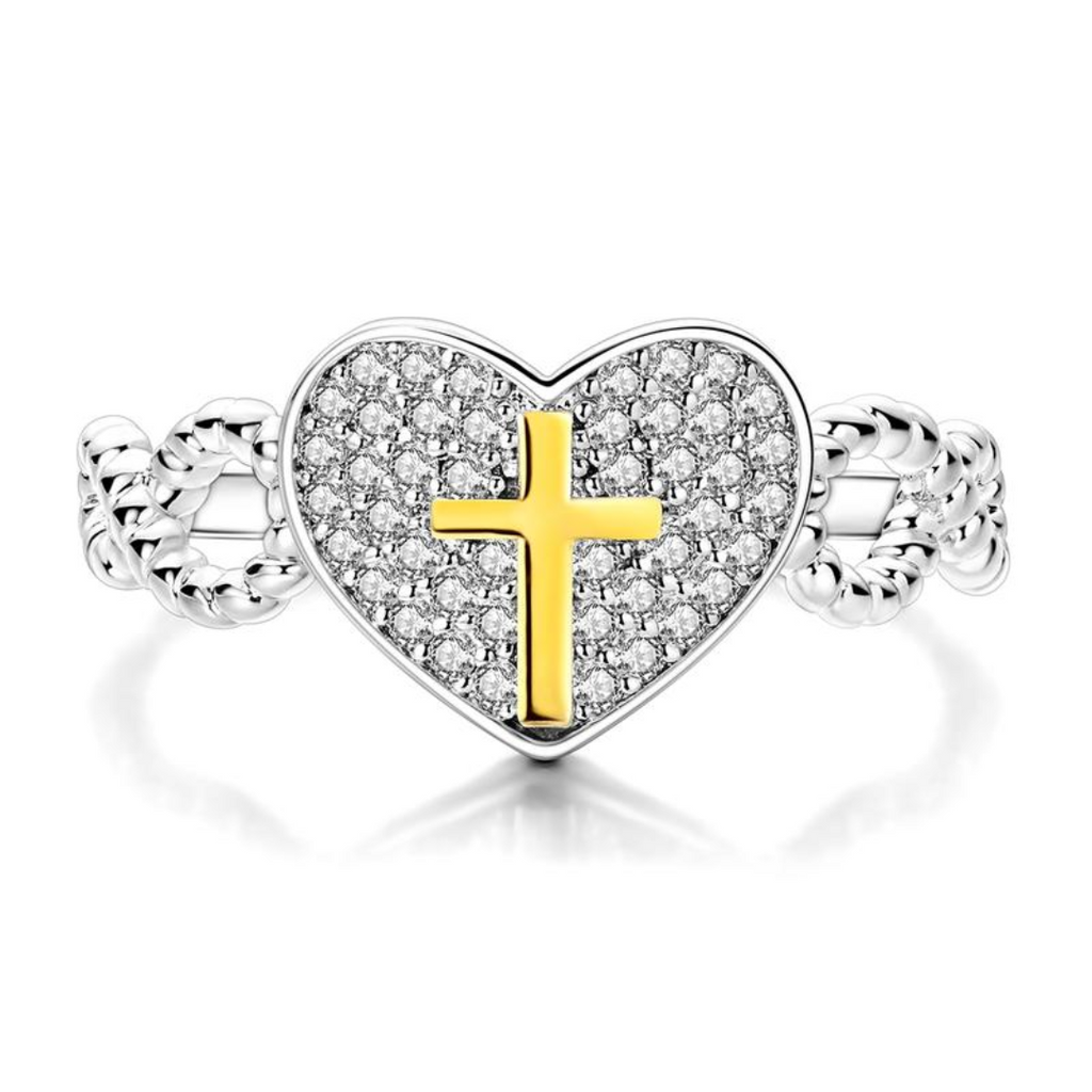 Silver Heart Cross Ring