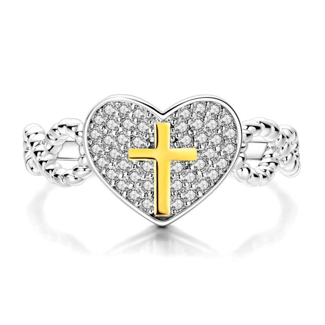 Silver Heart Cross Ring