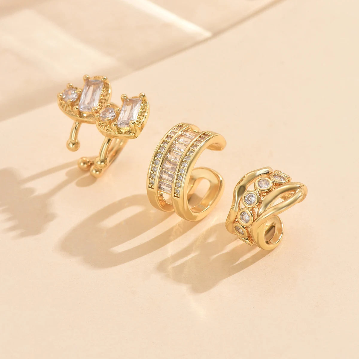 3 PCS Gold Crystal Cuff Earring Set