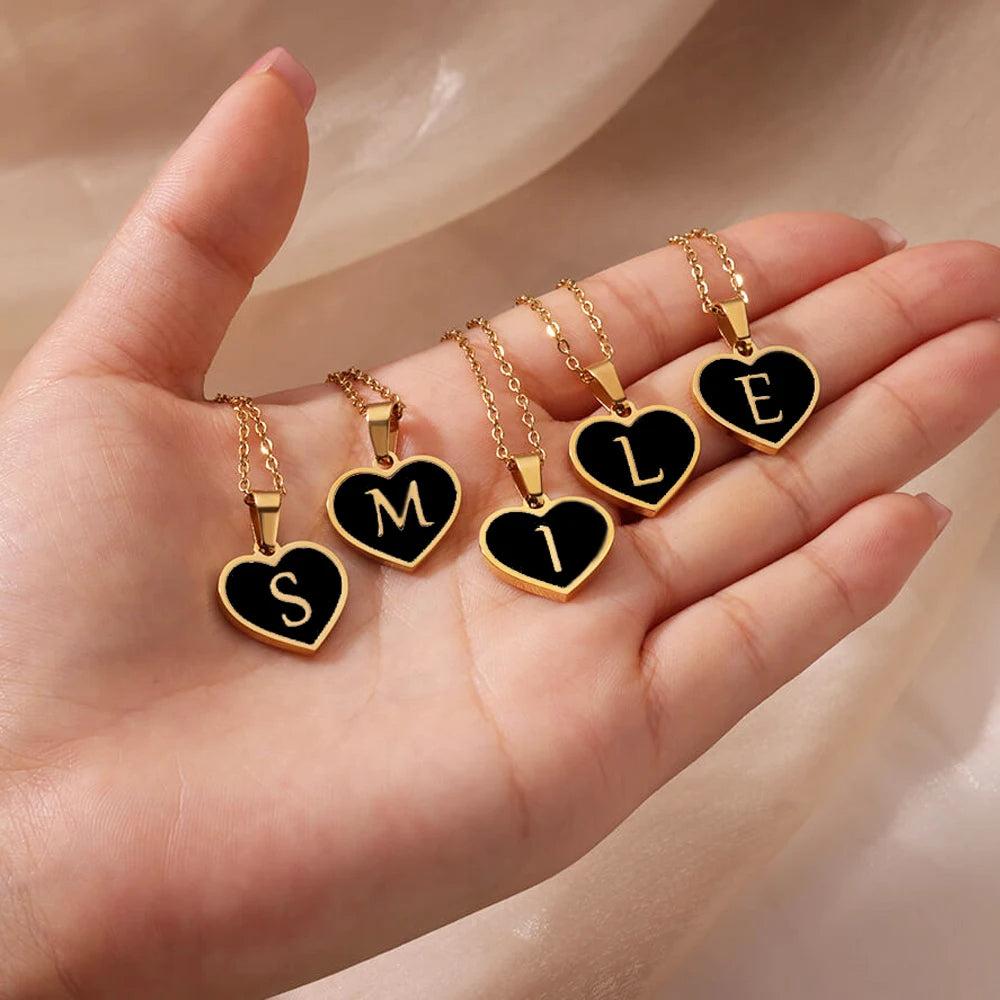 Initial Letter Black Heart Necklace