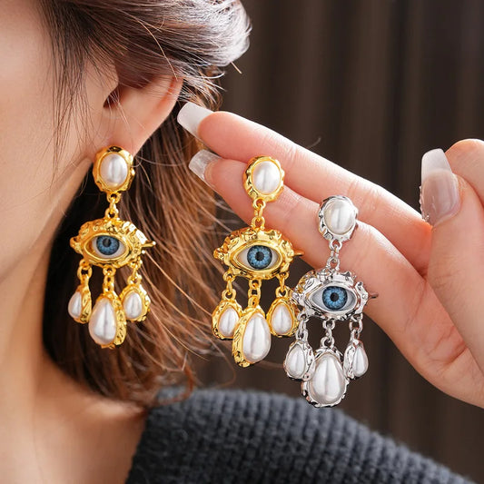Evil Eye Pearl Drop Earrings
