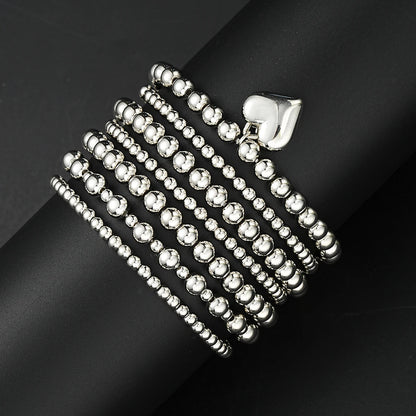 7 PCS Silver Heart Charm Beaded Bracelet Set