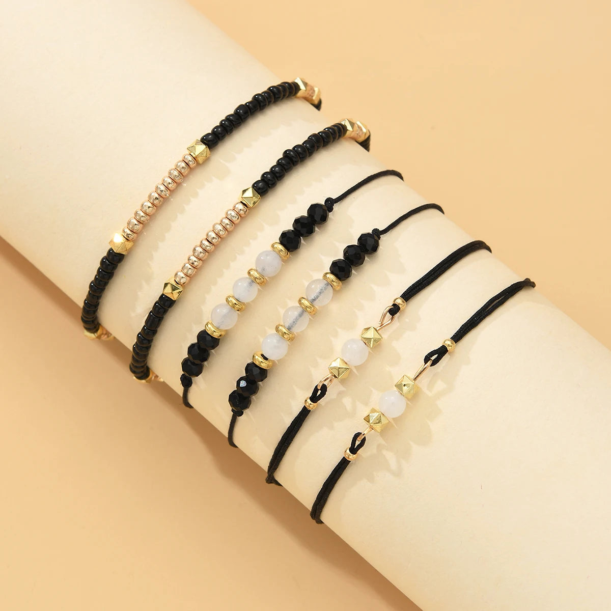 6 PCS Black Beaded Bracelet Set