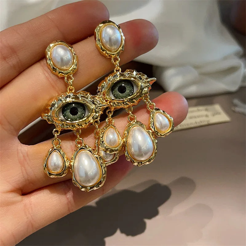 Exaggerated Pearl Evil Eye Earrings