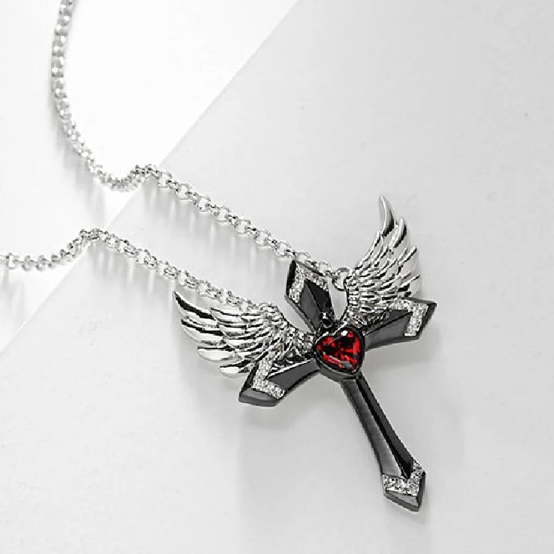Angel Wings Cross Heart Necklace