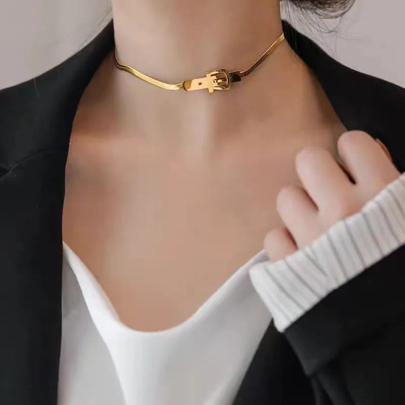 Gold Belt Buckle Choker Necklace