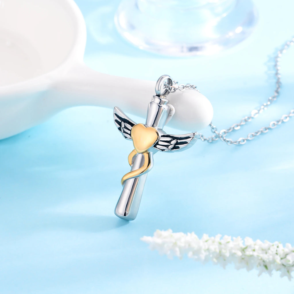 Custom Wings Cross Heart Urn Necklace