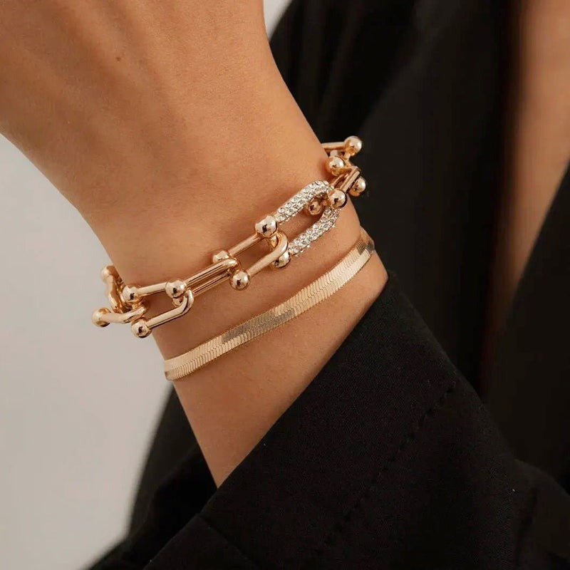 2 PCS Statement Chain Lock & Herringbone Bracelet
