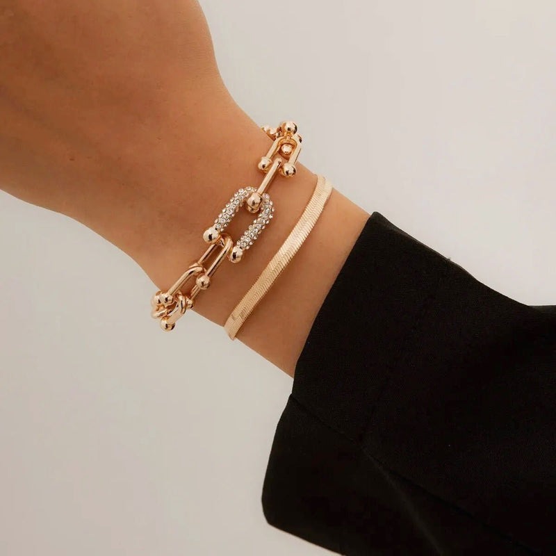 2 PCS Statement Chain Lock & Herringbone Bracelet