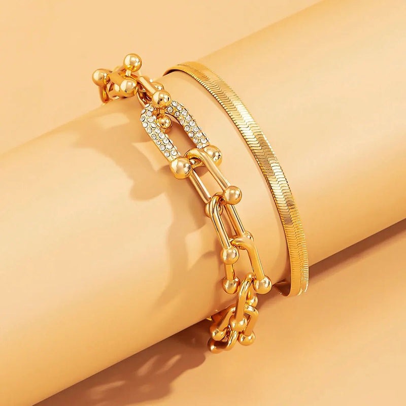 2 PCS Statement Chain Lock & Herringbone Bracelet
