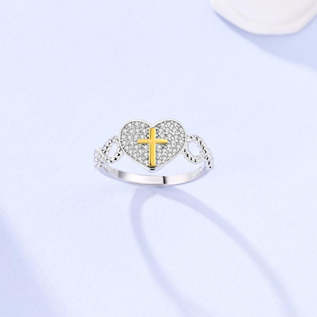 Silver Heart Cross Ring