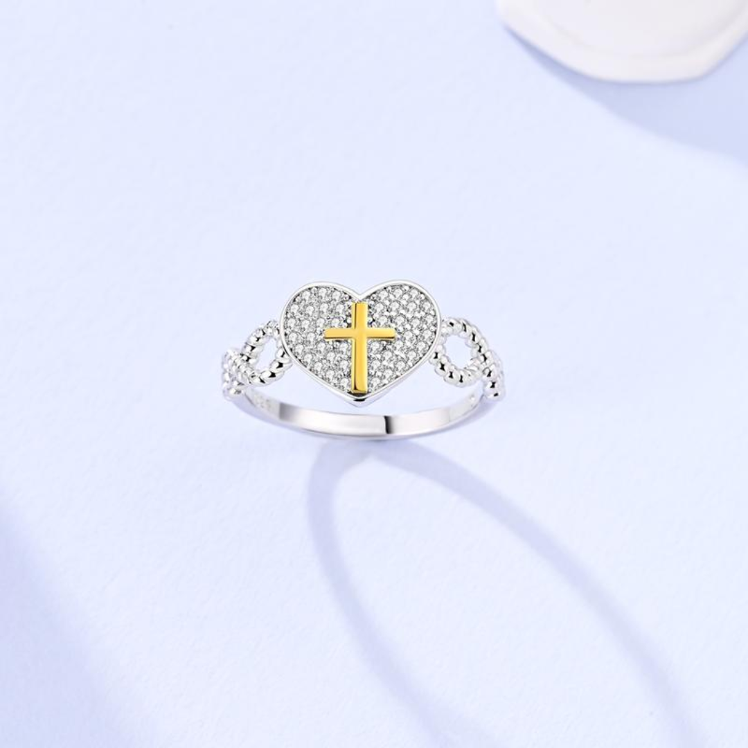 Silver Heart Cross Ring