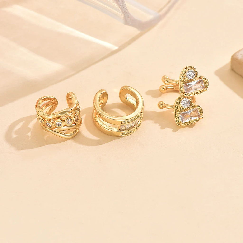 3 PCS Gold Crystal Cuff Earring Set