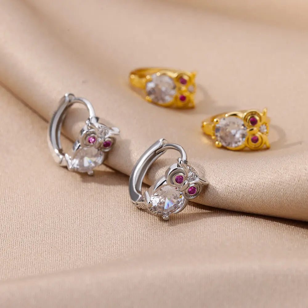 Crystal Owl Hoop Earrings