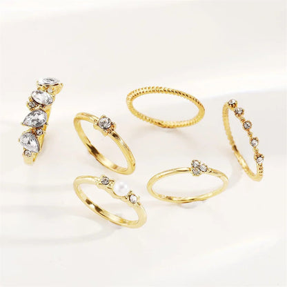 6 PCS Boho Crystal & Pearl Ring Set