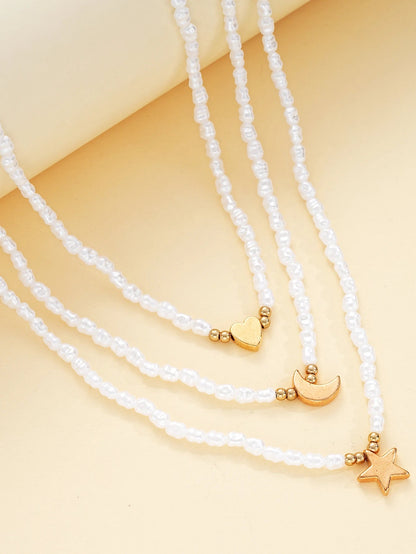 3 PCS Layered Pearl & Charm Necklace Set
