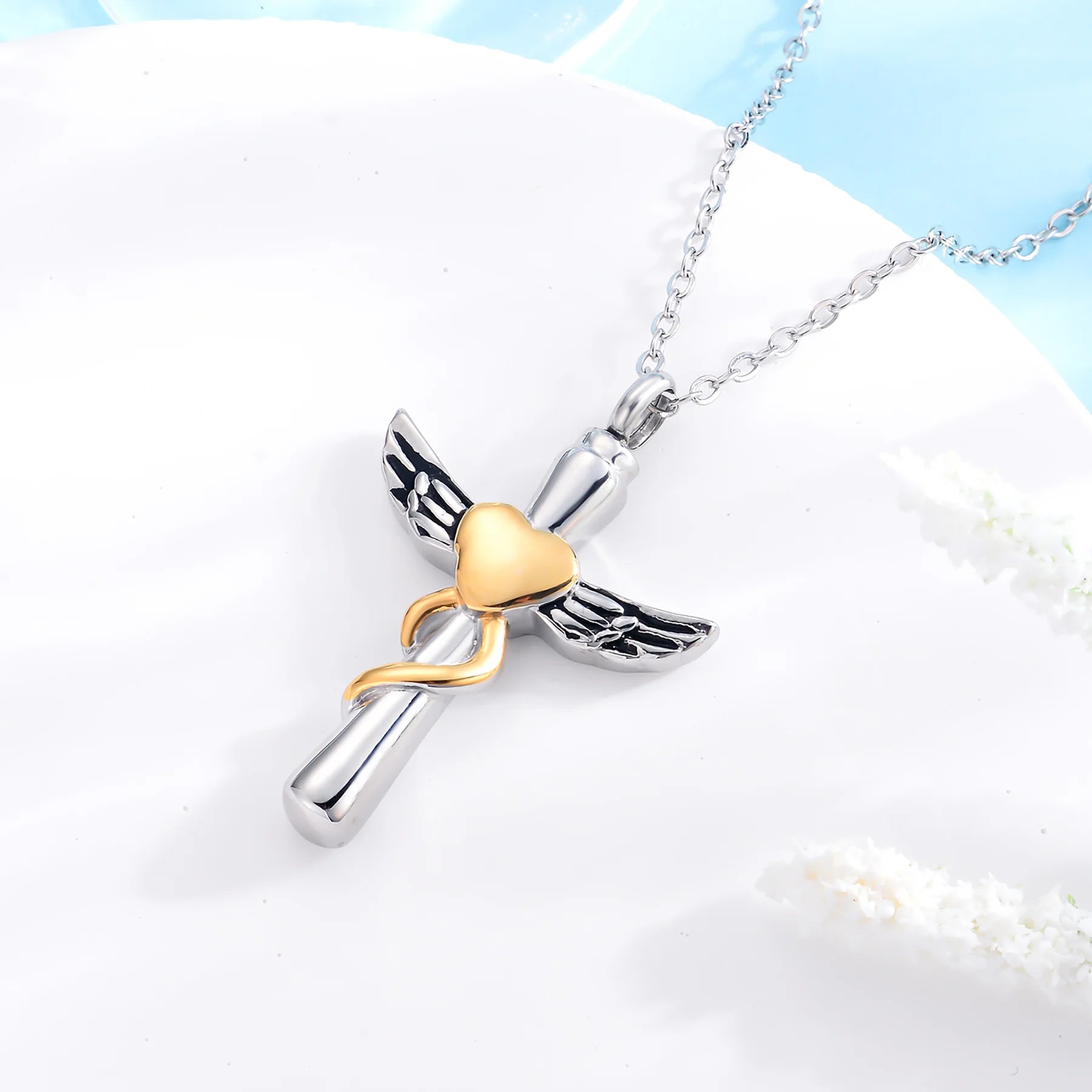 Custom Wings Cross Heart Urn Necklace