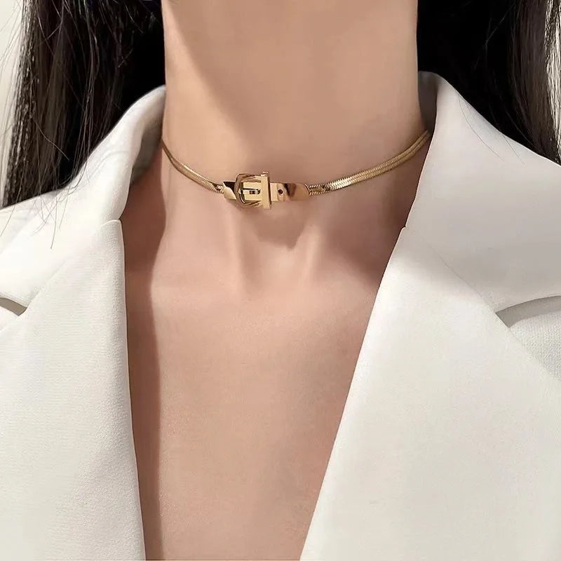 Gold Belt Buckle Choker Necklace