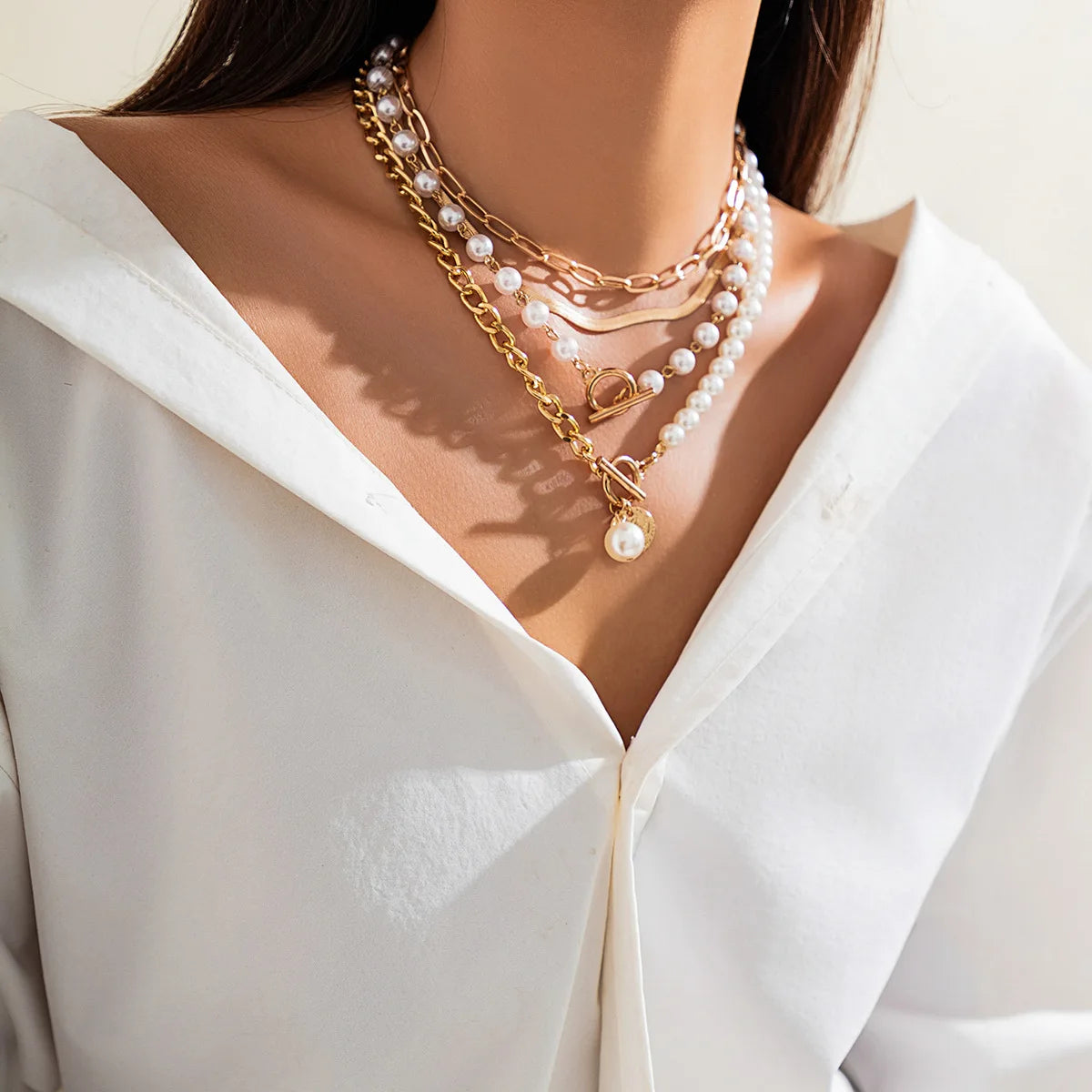 5 PCS Pearl & Chain Layered Necklace Set