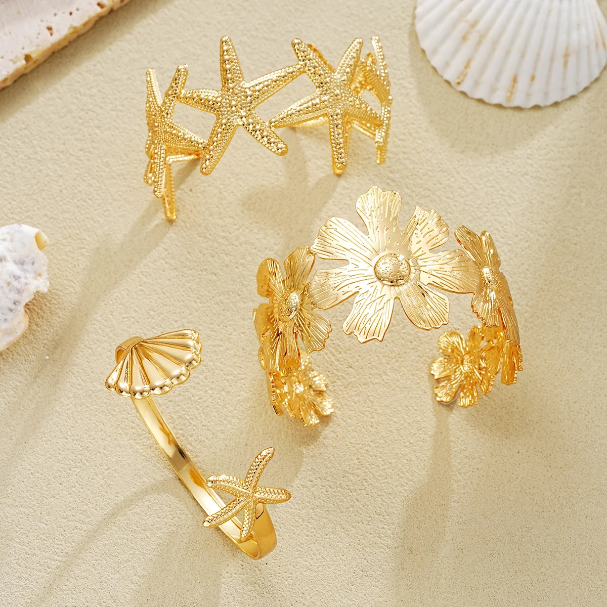 3 PCS Starfish & Floral Statement Cuff Set