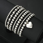 7 PCS Silver Heart Charm Beaded Bracelet Set