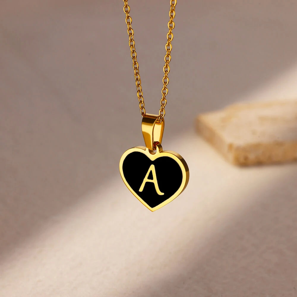 Initial Letter Black Heart Necklace
