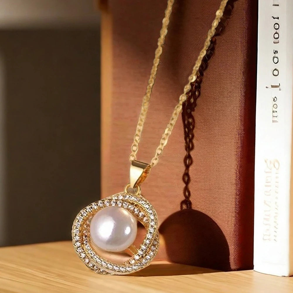 4 PCS Pearl Geometric Necklace, Earrings & Ring Set