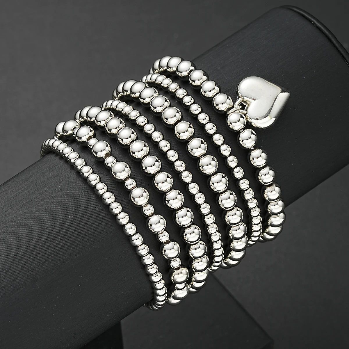 7 PCS Silver Heart Charm Beaded Bracelet Set