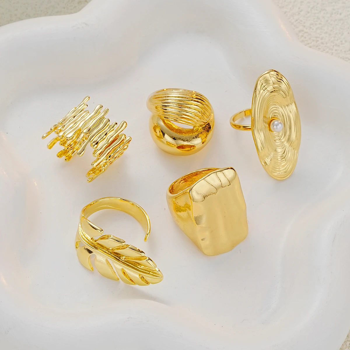 5 PCS Statement Textured Gold Ring Set