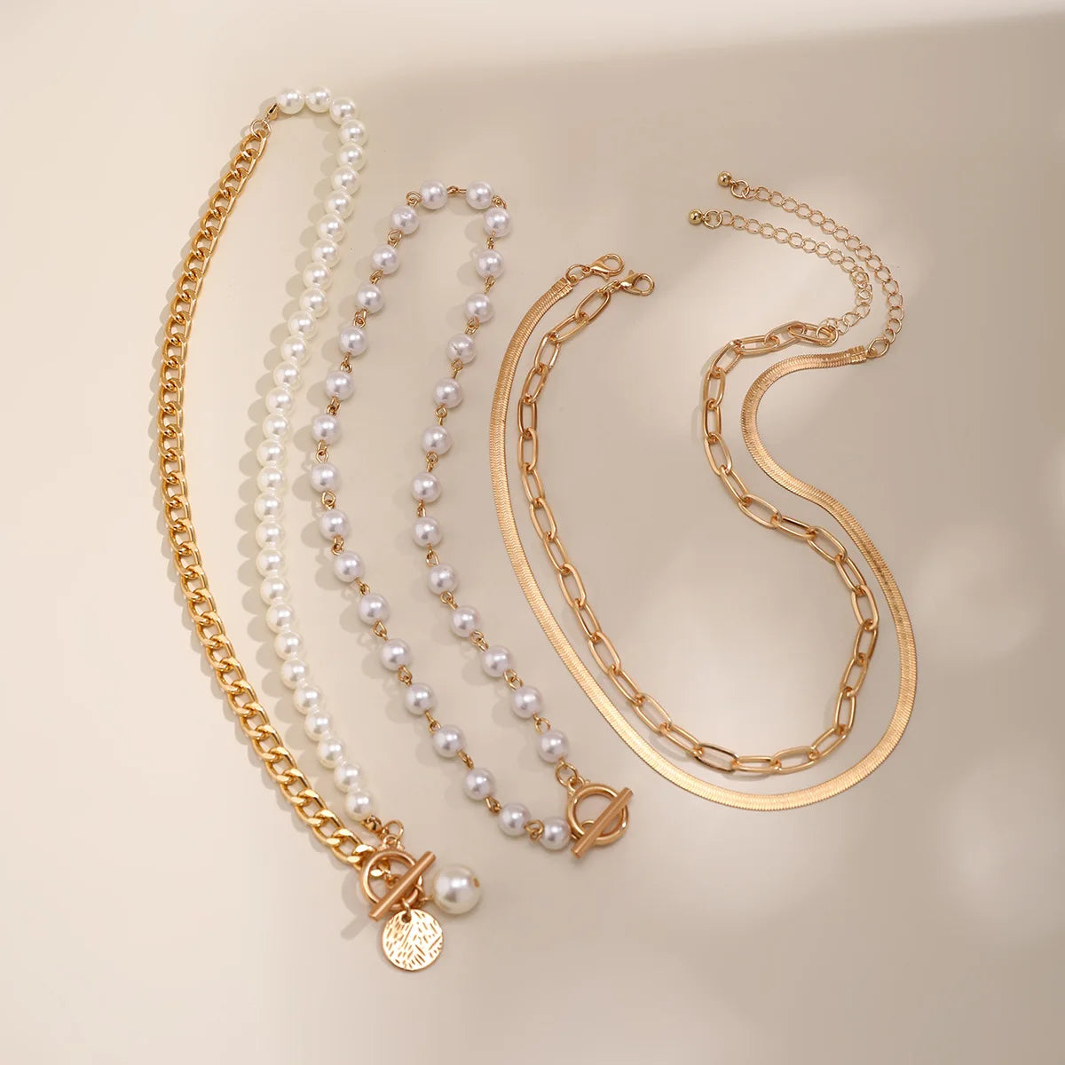 4 PCS Layered Pearl Choker Necklace Set