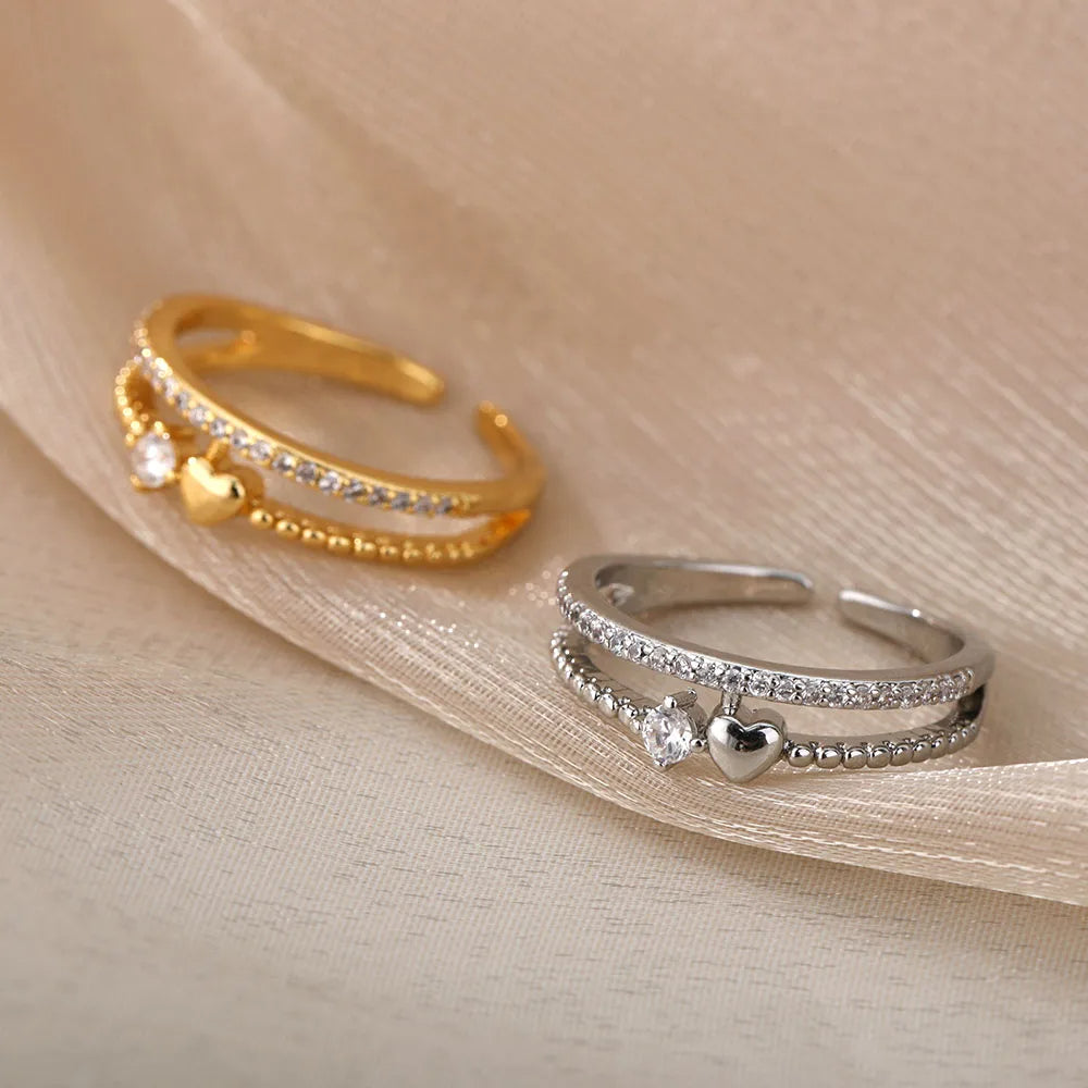 Double Layer Zircon Heart Ring