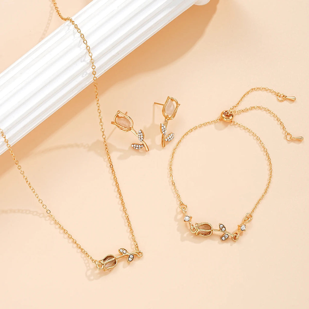 3 PCS Gold Tulip Flower Jewelry Set