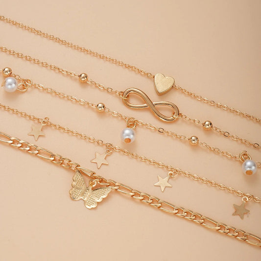 5 PCS Gold Charm Anklet Set