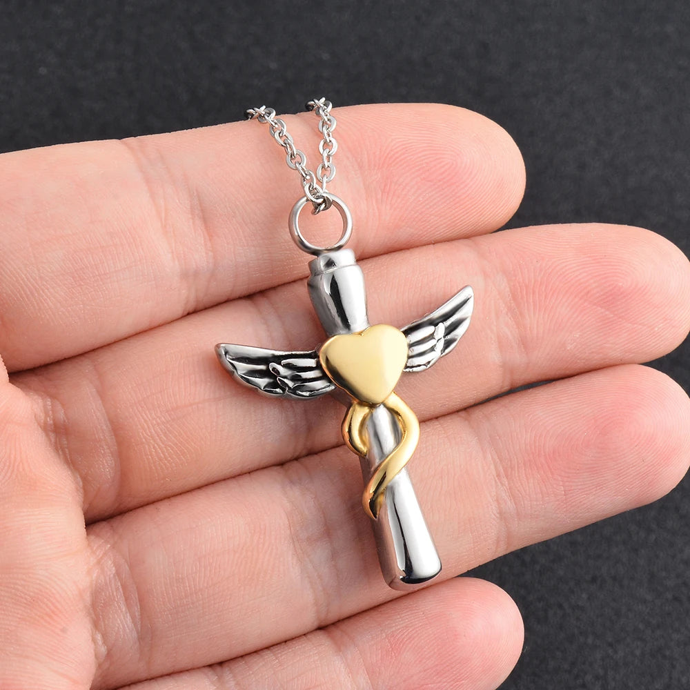 Custom Wings Cross Heart Urn Necklace