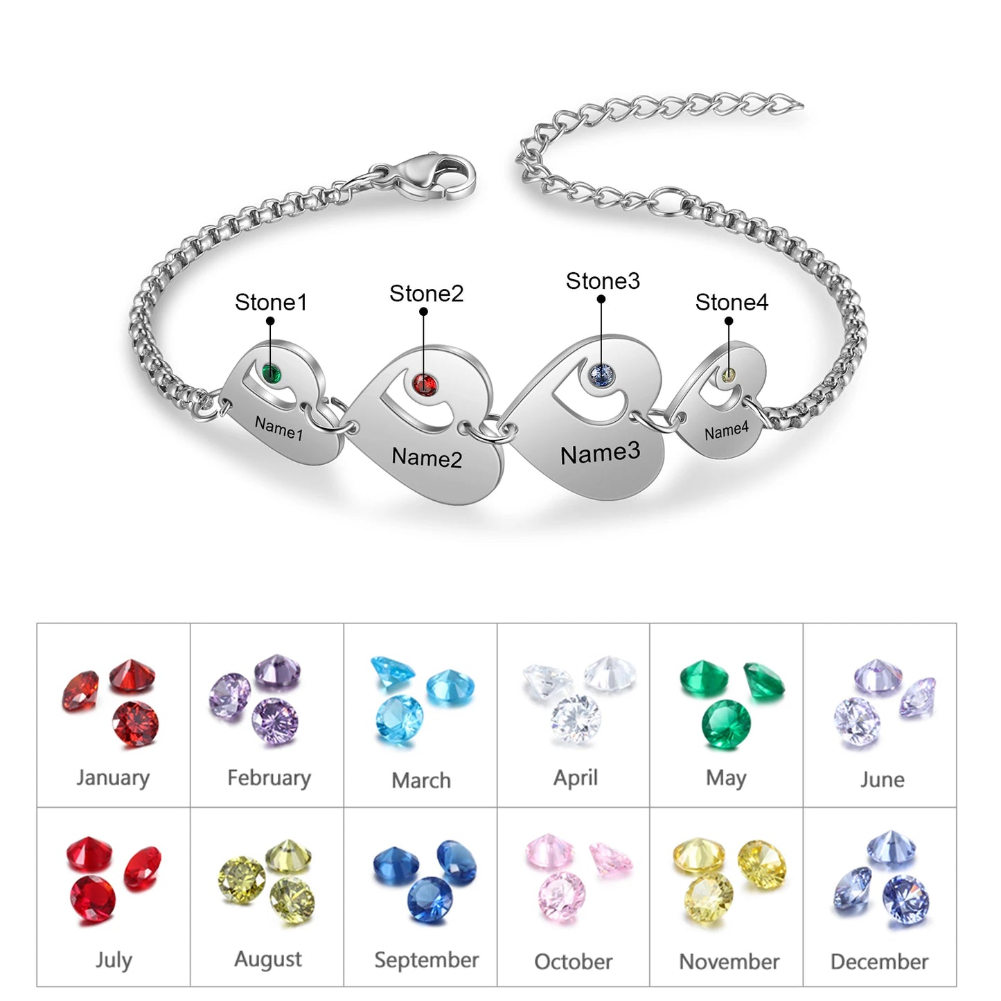 Custom Birthstone Heart Name Bracelet