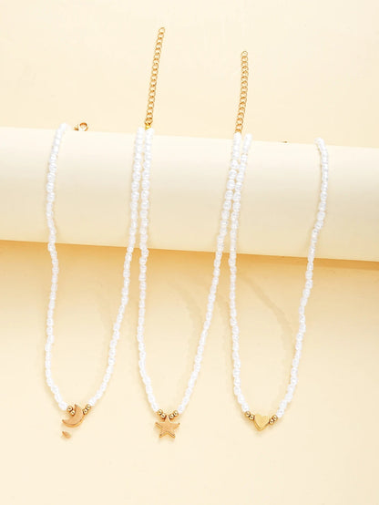 3 PCS Layered Pearl & Charm Necklace Set
