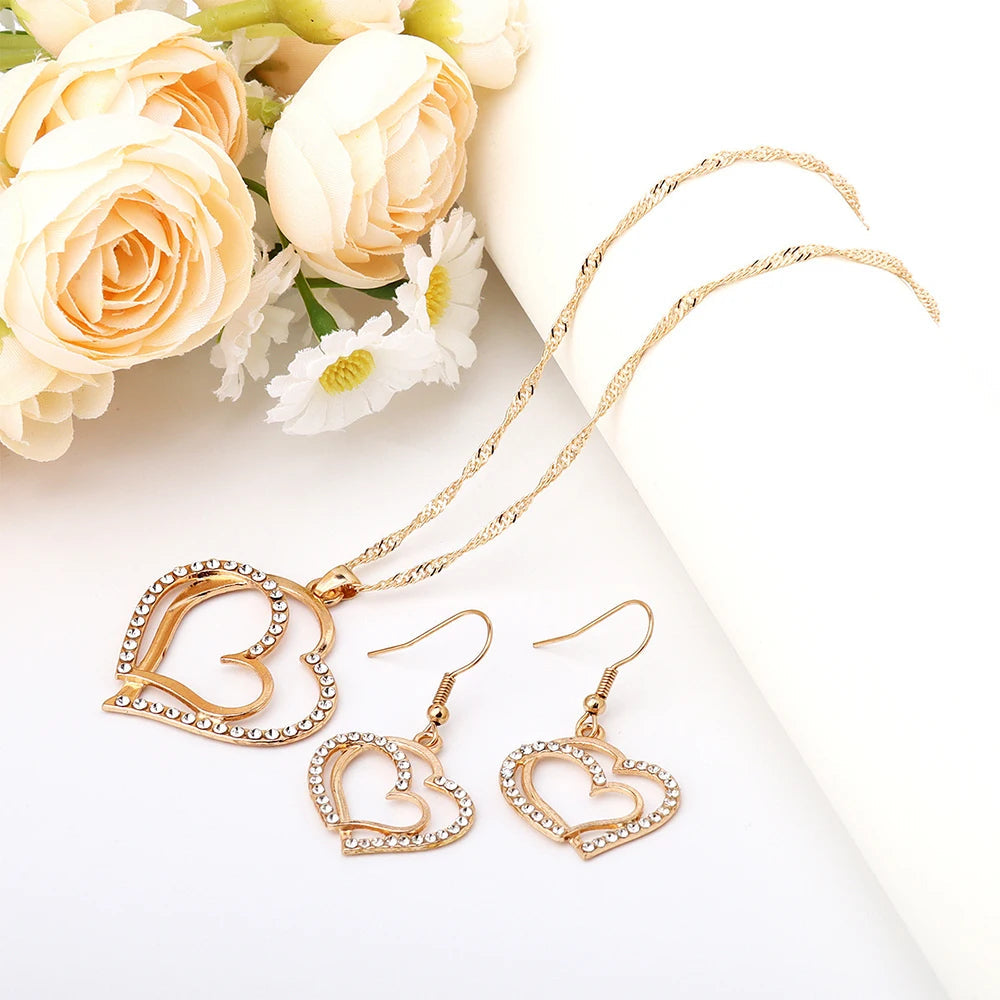 3 PCS Double Heart Crystal Jewelry Set